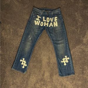 This is a 1 of 1 sewn “I love woman” custom denim pants